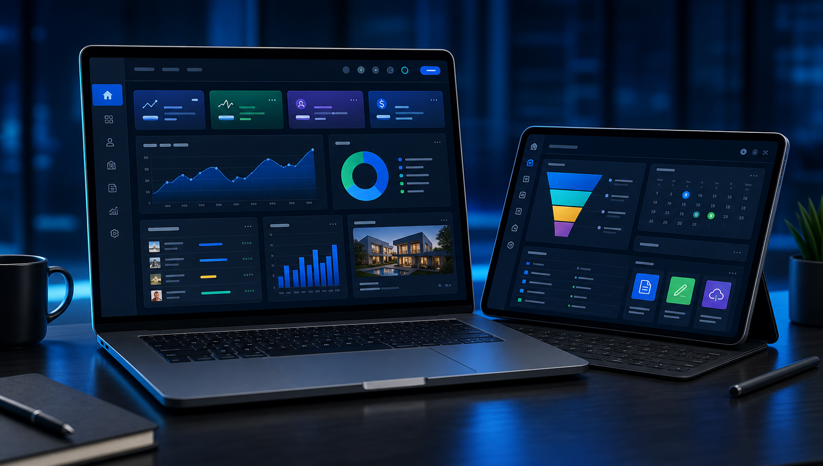 Mockup moderno da plataforma AIA Imob em laptop e tablet